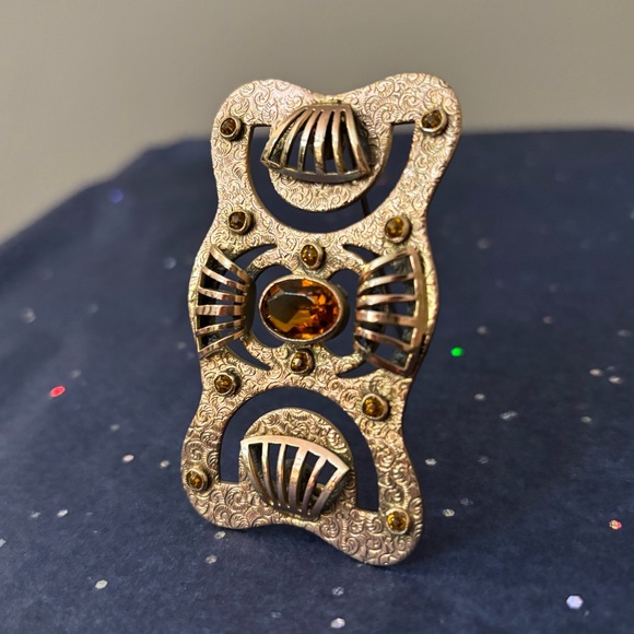 Antique Art Nouveau Brass Numbered Citrine Amber Rhinestone Sash Brooch - Picture 11 of 11